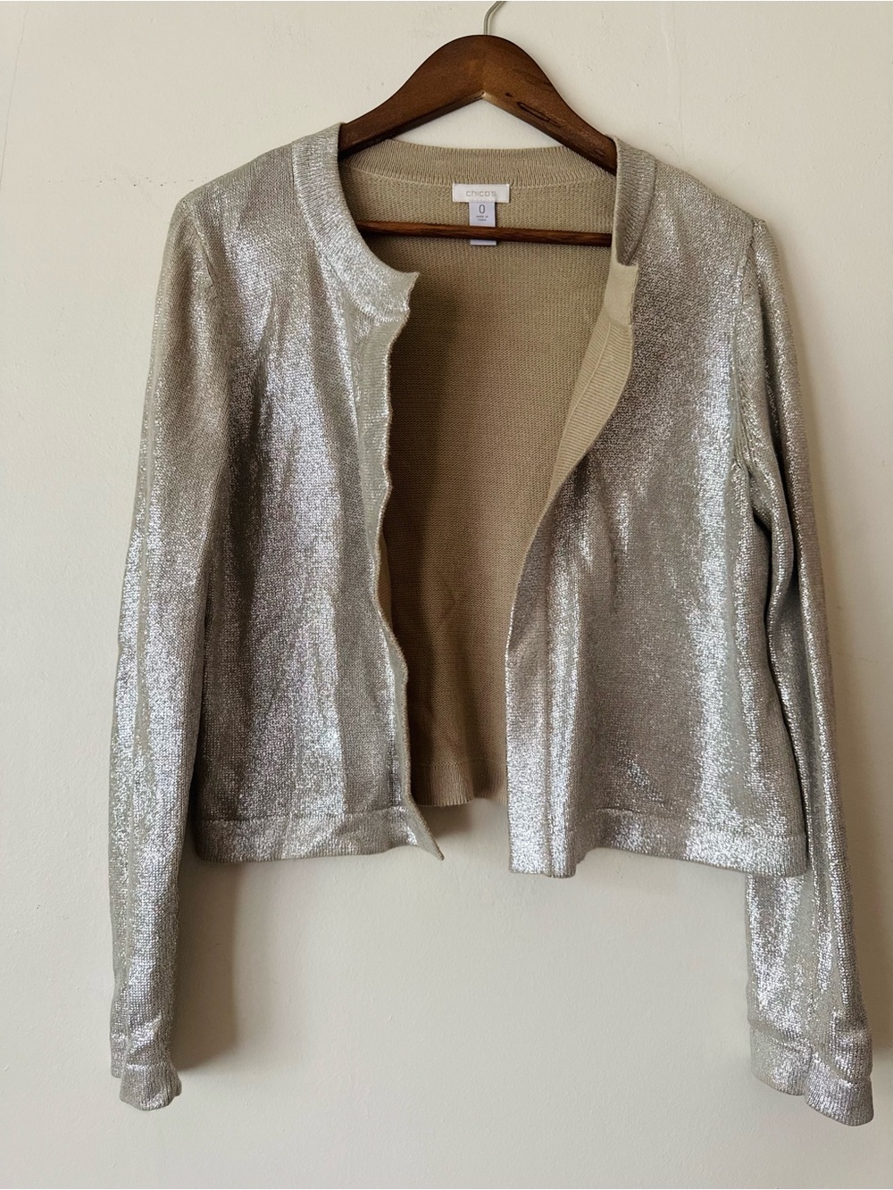 RARE Chico's Silver Metallic Open Cardigan Jacket - Size 0